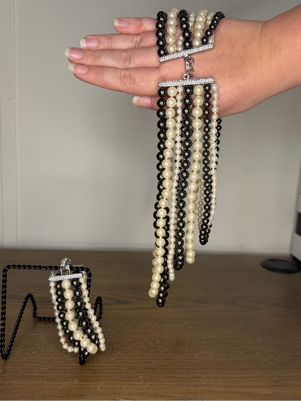 Pearl Fringe Statement Bracelet and Necklace in Black & Cream/White Jewelry